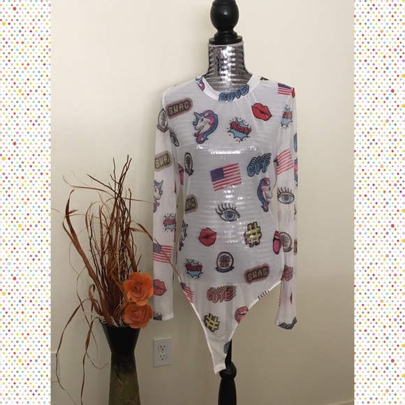 💠NEW One of a kind Pop art white sheer bodysuit - Picture 2 of 7